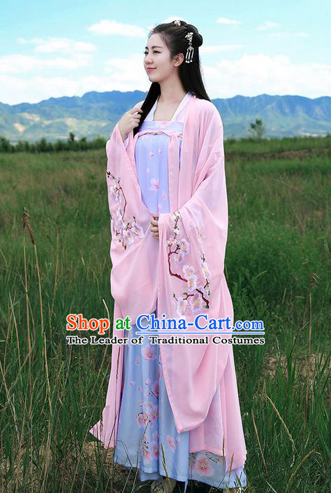 Traditional Ancient Chinese Young Lady Elegant Costume Embroidered Peach Blossom Wide Sleeve Cardigan Slant Opening Blouse and Slip Skirt Complete Set, Elegant Hanfu Clothing Chinese Song Dynasty Imperial Princess Clothing for Women