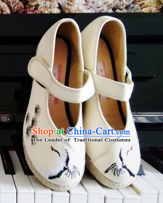 Traditional Chinese Ancient Shoes, China Handmade Embroidered Longevity Crane Beige Shoes, Ancient Princess Shoes for Women