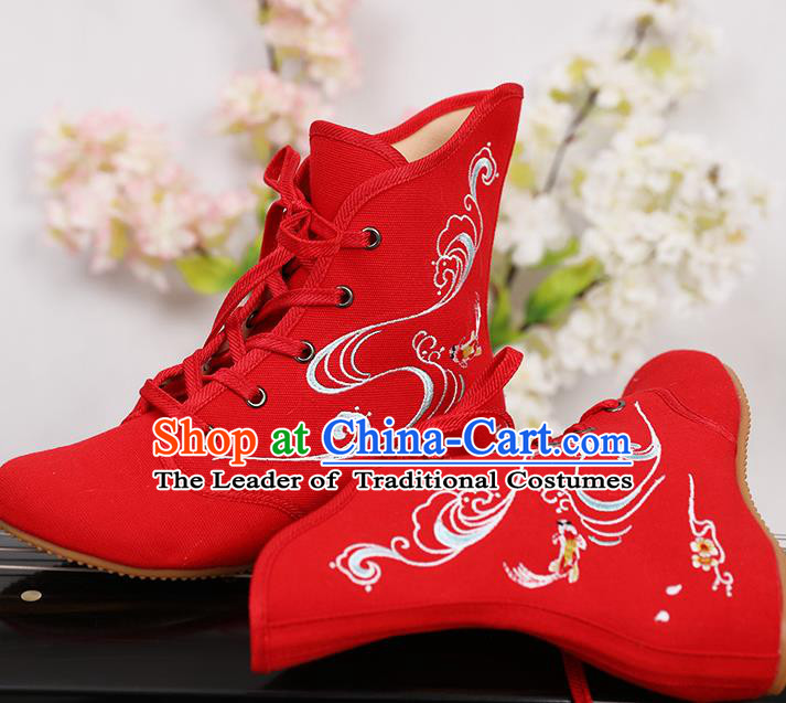 Traditional Chinese Ancient Shoes, China Handmade Embroidered Red Shoes, Princess Boots for Women