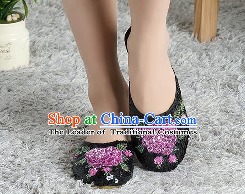Traditional Chinese Shoes, China Handmade Linen Embroidered Beads Sequins Flowers Black Slippers, Ancient Princess Satin Cloth Shoes for Women