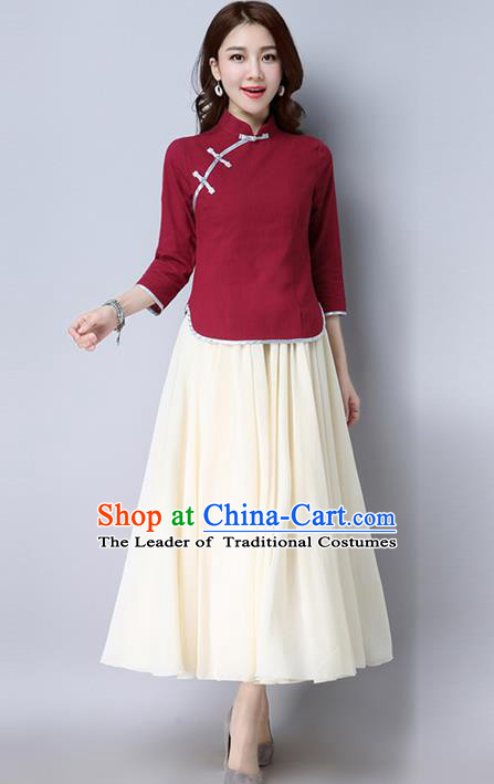 Traditional Chinese National Costume, Elegant Hanfu Red Slant Opening Blouse, China Tang Suit Retro Plated Buttons Chirpaur Blouse Cheong-sam Upper Outer Garment Qipao Shirts Clothing for Women