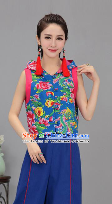 Traditional Chinese National Costume, Elegant Hanfu Vests Blue Shirt, China Tang Suit Plated Buttons Chirpaur Blouse Cheong-sam Upper Outer Garment Qipao Shirts Vest Clothing for Women