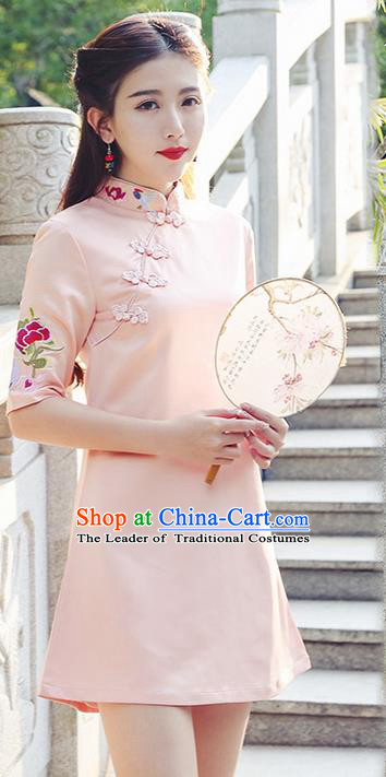 Traditional Ancient Chinese National Costume, Elegant Hanfu Mandarin Qipao Embroidered Pink Short Dress, China Tang Suit Chirpaur Republic of China Cheongsam Upper Outer Garment Elegant Dress Clothing for Women