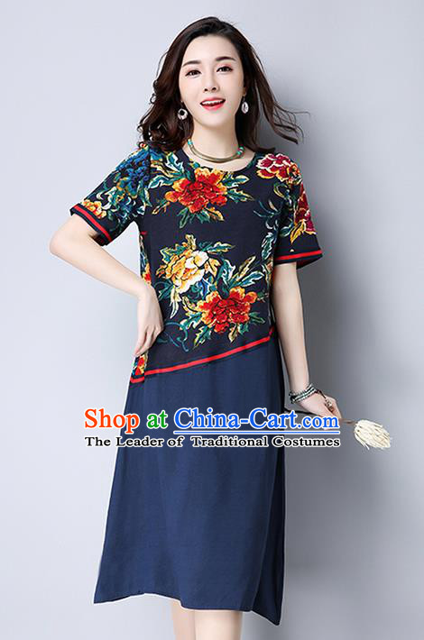 Traditional Ancient Chinese National Costume, Elegant Hanfu Printing Navy Dress, China Tang Suit Chirpaur Garment Elegant Dress Clothing for Women