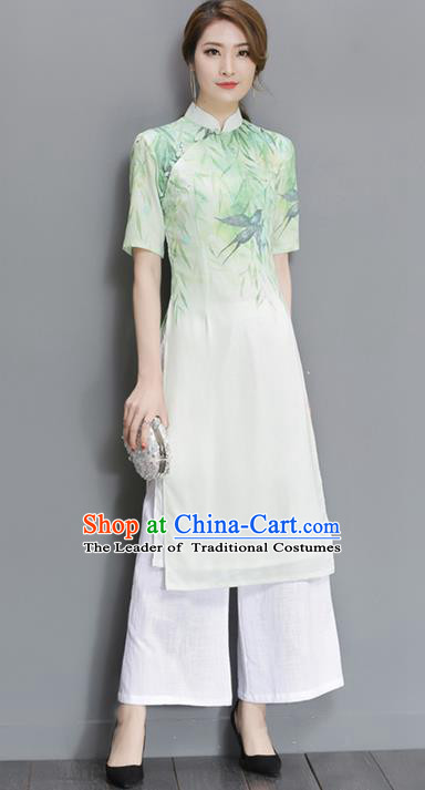 Traditional Ancient Chinese National Costume, Elegant Hanfu Mandarin Qipao Dress and Loose Pants Complete Set, China Tang Suit Chirpaur Republic of China Cheongsam Upper Outer Garment Elegant Dress Clothing for Women