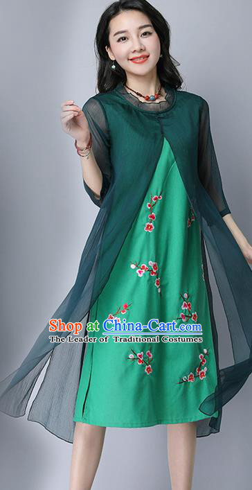 Traditional Ancient Chinese National Costume, Elegant Hanfu Mandarin Qipao Plated Buttons Cheongsam Print Peach Blossom Green Dress, China Tang Suit Upper Outer Garment Elegant Dress Clothing for Women