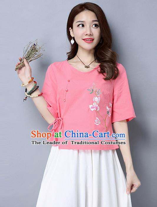 Traditional Chinese National Costume, Elegant Hanfu Embroidered Flowers Slant Opening Pink T-Shirt, China Tang Suit Republic of China Chirpaur Blouse Cheong-sam Upper Outer Garment Qipao Shirts Clothing for Women