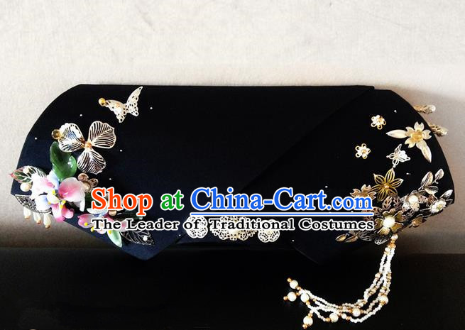 Traditional Ancient Chinese Imperial Consort Hair Jewellery Accessories, Chinese Qing Dynasty Manchu Palace Lady Headwear Zhen Huan Big La fin Beads Tassel Headpiece, Chinese Mandarin Imperial Concubine Flag Head Hat Decoration Accessories for Women