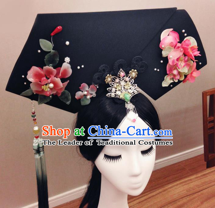 Traditional Ancient Chinese Imperial Consort Hair Jewellery Accessories, Chinese Qing Dynasty Manchu Palace Lady Wig and Pearl Headwear Zhen Huan Big La fin Headpiece, Chinese Mandarin Imperial Concubine Flag Head Hat Decoration Accessories for Women