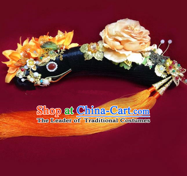 Traditional Ancient Chinese Imperial Consort Hair Jewellery Accessories, Chinese Qing Dynasty Manchu Palace Lady Wig and Zhen Huan Big La fin Headpiece Complete Set, Chinese Mandarin Imperial Concubine Flag Head Hat Decoration Accessories for Women