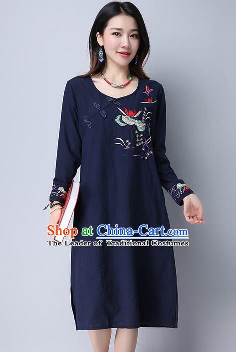 Traditional Ancient Chinese National Costume, Elegant Hanfu Embroidered Slant Opening Blue Dress, China Tang Suit Plated Buttons Cheongsam Garment Elegant Dress Clothing for Women
