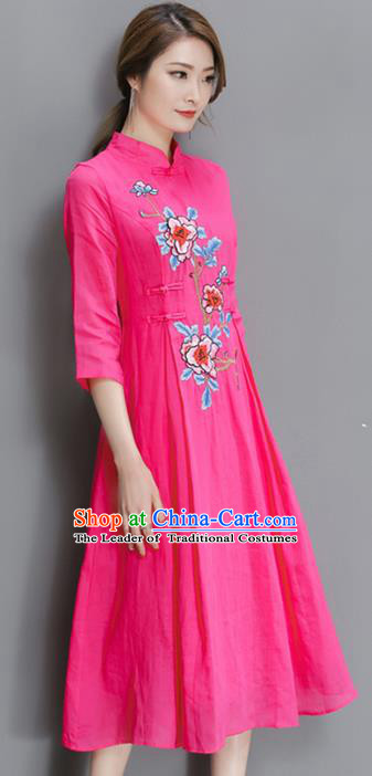 Traditional Chinese National Costume, Elegant Hanfu Mandarin Qipao Printing Peony Pink Plated Buttons Dress, China Tang Suit Stand Collar Cheongsam Upper Outer Garment Elegant Dress Clothing for Women