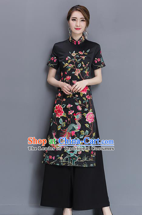 Traditional Ancient Chinese National Costume, Elegant Hanfu Mandarin Qipao Embroidered Black Dress and Loose Pants Complete Set, China Tang Suit Cheongsam Upper Outer Garment Elegant Dress Clothing for Women