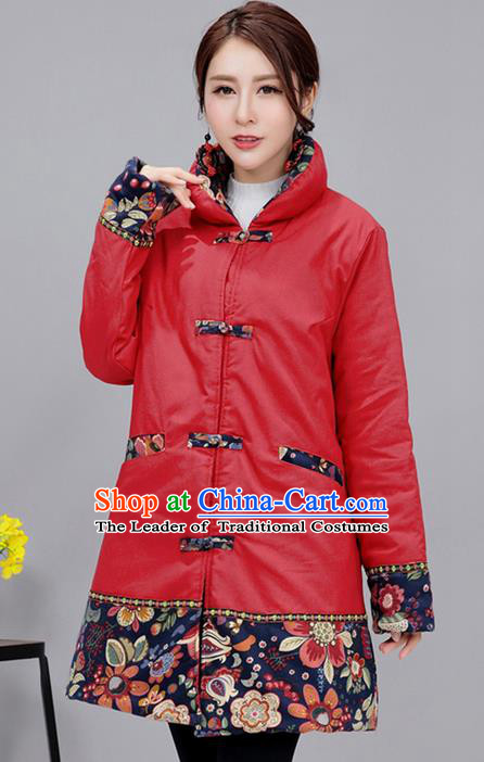 Traditional Ancient Chinese National Costume, Elegant Hanfu Stand Collar Red Cotton Wadded Coat, China Tang Suit Plated Buttons Cape, Upper Outer Garment Dust Coat Clothing for Women
