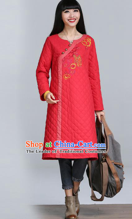 Traditional Chinese National Costume, Elegant Hanfu Cotton Wadded Embroidered Red Dress, China Tang Suit Chirpaur Cheongsam Garment Elegant Dress Clothing for Women
