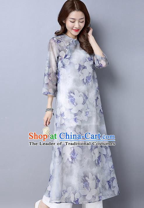 Traditional Chinese National Costume, Elegant Hanfu Mandarin Qipao Printing Slant Opening White Dress, China Tang Suit Plated Buttons Cheongsam Upper Outer Garment Elegant Dress Clothing for Women