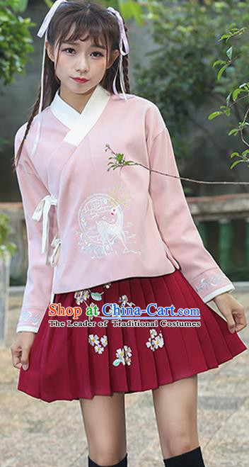 Traditional Chinese National Costume, Elegant Hanfu Embroidery Flowers Slant Opening Pink T-Shirt, China Tang Suit Chirpaur Blouse Cheong-sam Upper Outer Garment Qipao Shirts Clothing for Women