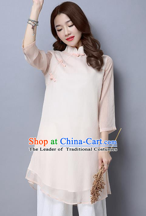 Traditional Chinese National Costume, Elegant Hanfu Slant Opening Pink T-Shirt, China Tang Suit Chirpaur Blouse Cheong-sam Upper Outer Garment Qipao Shirts Clothing for Women