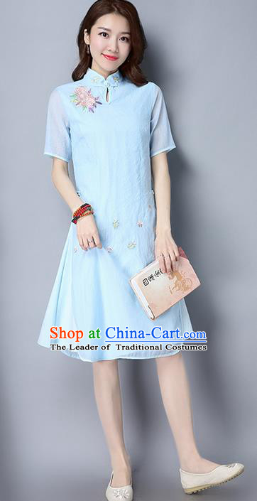 Traditional Ancient Chinese National Costume, Elegant Hanfu Mandarin Qipao Embroidered Flowers Organza Blue Cheongsam Dress, China Tang Suit Upper Outer Garment Elegant Dress Clothing for Women