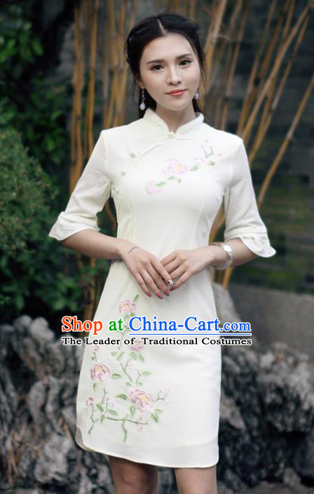 Traditional Ancient Chinese National Costume, Elegant Hanfu Linen Embroidered White Short Cheongsam Dress, China Tang Suit Upper Outer Garment Elegant Dress Clothing for Women