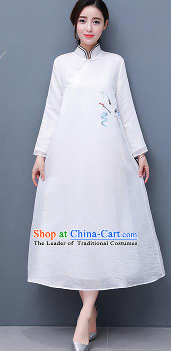 Traditional Ancient Chinese National Costume, Elegant Hanfu Qipao Hand Painting Crane Stand Collar White Dress, China Tang Suit Cheongsam Garment Elegant Dress Clothing for Women