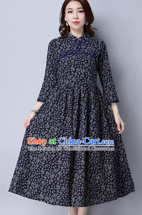 Traditional Ancient Chinese National Costume, Elegant Hanfu Floral Qipao Linen Stand Collar Navy Dress, China Tang Suit Cheongsam Upper Outer Garment Elegant Dress Clothing for Women