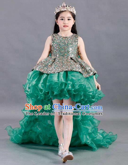 Traditional Chinese Modern Dancing Compere Costume, Children Opening Classic Chorus Singing Group Dance Paillette Uniforms, Modern Dance Classic Dance Green Trailing Dress for Girls Kids