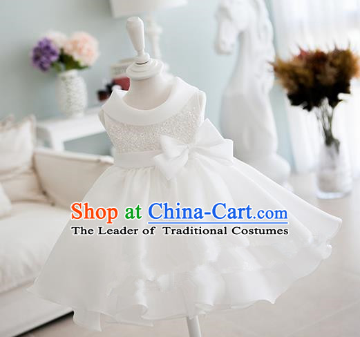 Traditional Chinese Modern Dancing Compere Performance Costume, Children Opening Classic Chorus Singing Group Dance Bowknot Dinner Dress, Modern Dance Classic Dance White Bubble Dress for Girls Kids