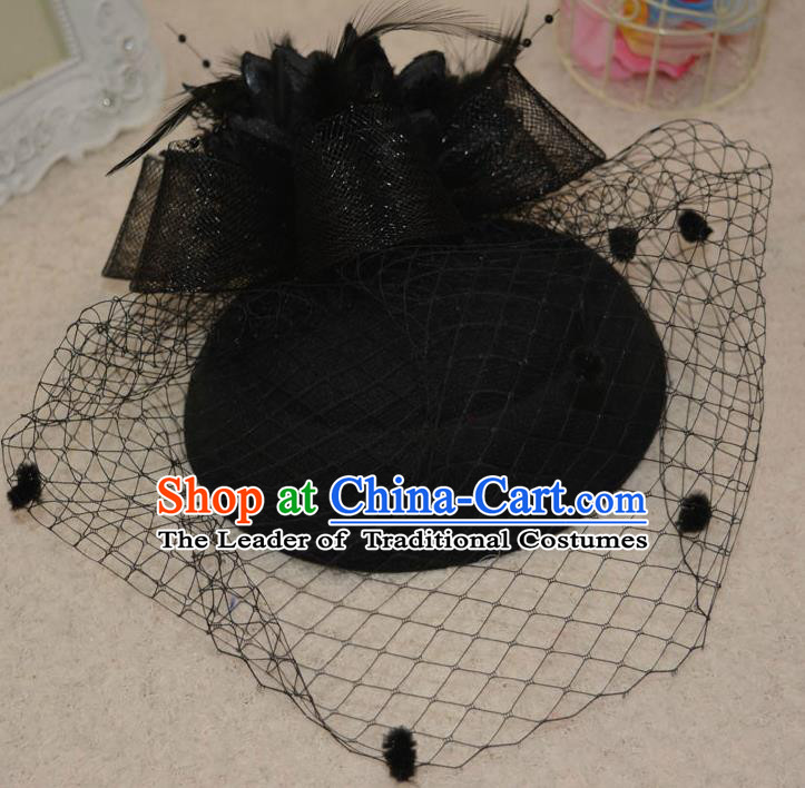 Top Grade Handmade Chinese Classical Hair Accessories, Children Baroque Style Headband Princess Black Veil Top-hat, Hair Sticks Headwear Hats for Kids Girls
