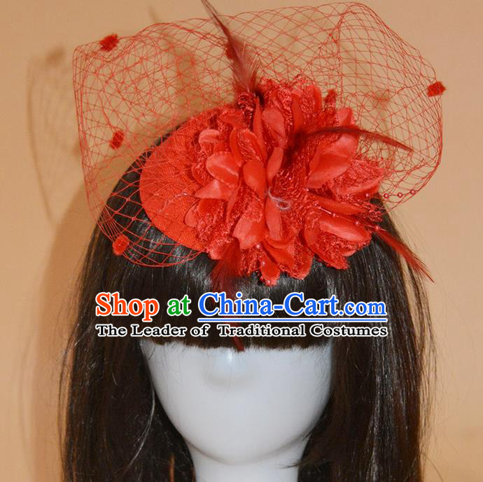 Top Grade Handmade Chinese Classical Hair Accessories, Children Baroque Style Headband Princess Red Veil Feather Top-hat, Hair Sticks Headwear Hats for Kids Girls