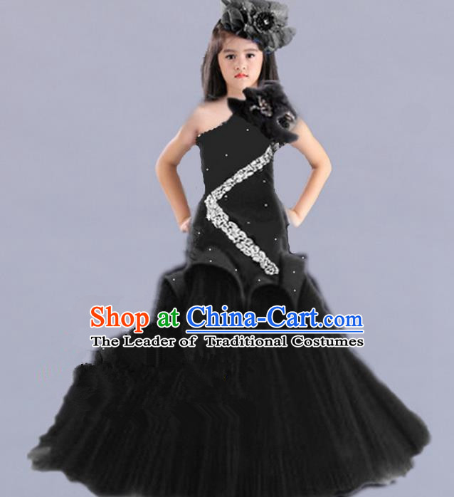 Traditional Chinese Modern Dancing Compere Performance Costume, Children Opening Classic Chorus Singing Group Dance Princess Black Fishtail Full Dress, Modern Dance Classic Dance Dress for Girls Kids