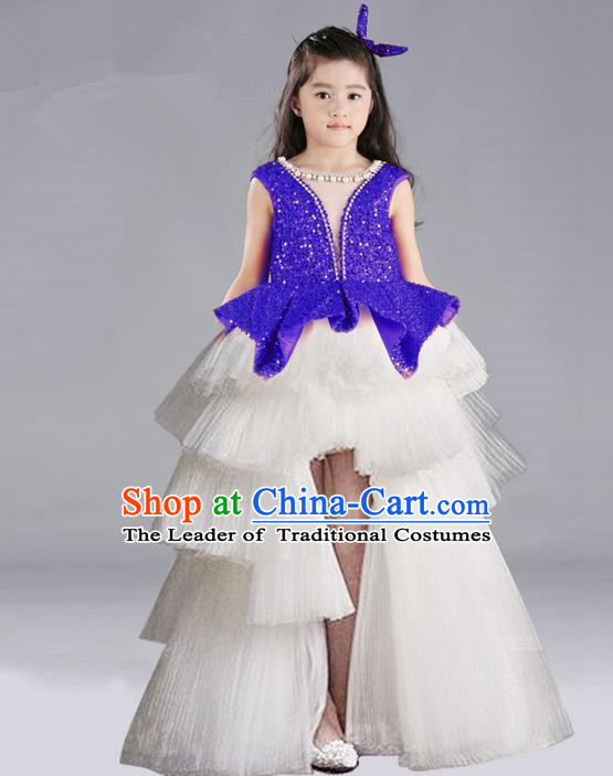Top Grade Chinese Compere Performance Costume, Children Chorus Singing Group Blue Full Dress Modern Dance Trailing Bubble Short Dress for Girls Kids