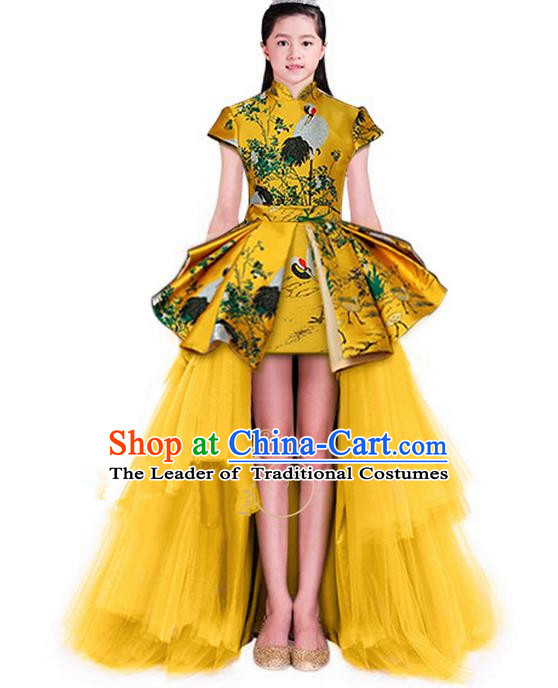 Top Grade Chinese Style Compere Performance Costume, Children Chorus Singing Group Stand Collar Full Dress Modern Dance Gold Long Veil Trailing Dress for Girls Kids