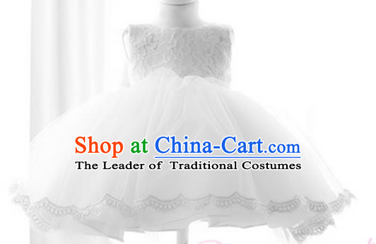 Top Grade Chinese Compere Performance Costume, Children Chorus Singing Group White Full Dress Modern Ballet Dance Short Veil Bubble Dress for Girls Kids