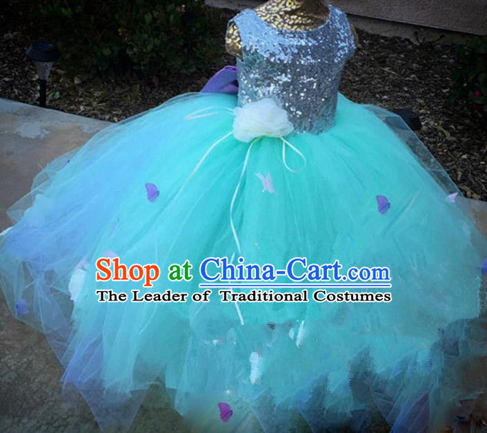 Top Grade Chinese Compere Catwalks Performance Costume, Children Chorus Singing Group Baby Princess Sequins Bowknot Bubble Full Dress Modern Dance Blue Dress for Girls Kids