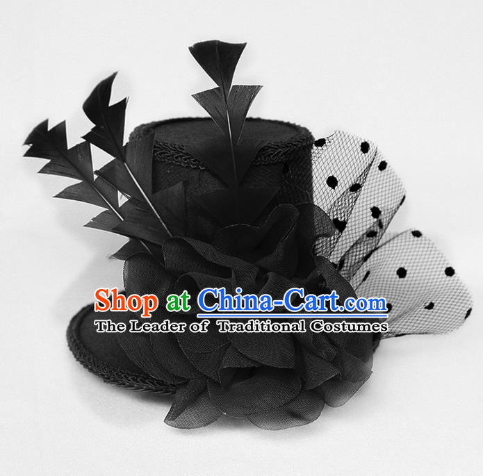 Top Grade Handmade Classical Top Hat, Children Baroque Style Queen Party Headwear Black Lace Hat for Kids Girls