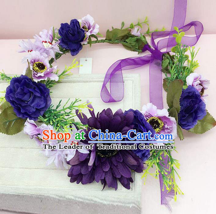 Top Grade Handmade Classical Hair Accessories Hairpins Wreath, Children Baroque Style Purple Flowers Garland Bobby Pin Hair Clasp for Kids Girls