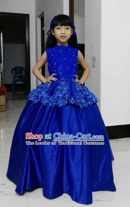 Top Grade Chinese Compere Performance Catwalks Costume, Children Chorus Singing Group Baby Princess Blue Full Dress Modern Dance Big Swing Long Dress for Girls Kids
