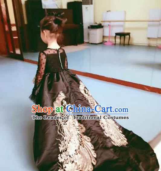Top Grade Chinese Compere Performance Catwalks Costume, Children Chorus Singing Group Baby Princess Black Phoenix Full Dress Modern Dance Trailing Dress for Girls Kids