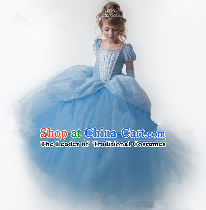 Top Grade Chinese Compere Performance Catwalks Costume, Children Chorus Singing Group Baby Princess Blue Big Swing Full Dress Modern Dance Trailing Bubble Dress for Girls Kids