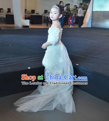 Top Grade Chinese Compere Professional Performance Catwalks Costume, Children Chorus Singing Group White Wedding Full Dress Modern Dance Little Princess Long Trailing Dress for Girls Kids