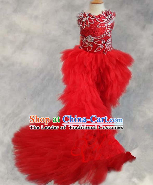 Top Grade Chinese Compere Professional Performance Catwalks Costume, Children Chorus Singing Group Red Paillette Bubble Full Dress Modern Dance Little Princess Long Trailing Dress for Girls Kids