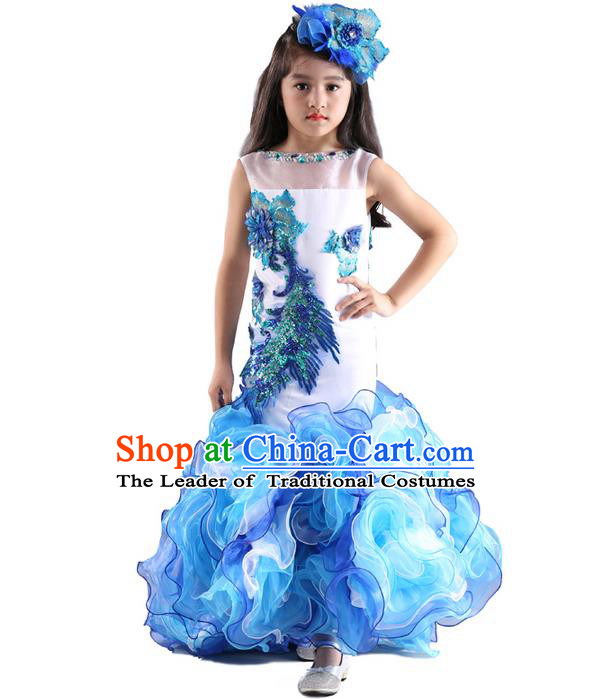 Top Grade Chinese Compere Professional Performance Catwalks Costume, Children Chorus Blue Fishtail Formal Dress Modern Dance Little Princess Long Dress for Girls Kids