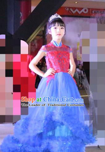 Top Grade Chinese Compere Professional Performance Chinese Style Catwalks Costume, Children Chorus Stand Collar Paillette Bubble Formal Dress Modern Dance Baby Princess Veil Long Trailing Dress for Girls Kids