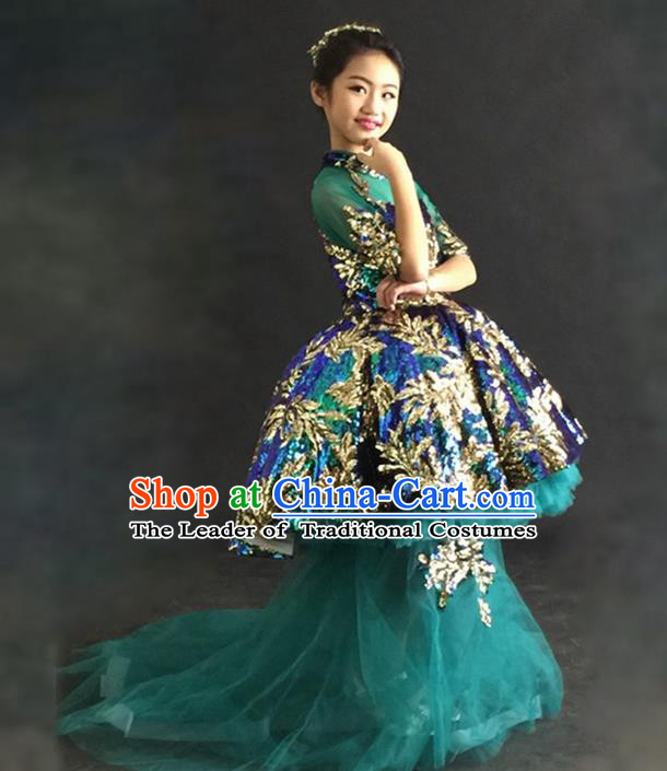 Top Grade Chinese Compere Professional Performance Catwalks Costume, Children Chorus Green Bubble Formal Dress Modern Dance Baby Princess Veil Long Trailing Dress for Girls Kids
