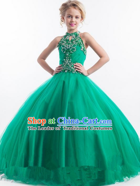 Top Grade Chinese Compere Professional Performance Catwalks Costume, Children Chorus Green Lace Big Swing Wedding Formal Dress Modern Dance Baby Princess Long Bubble Dress for Girls Kids