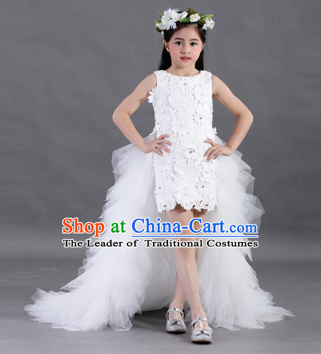 Top Grade Compere Professional Performance Catwalks Costume, Children Chorus White Lace Formal Dress Modern Dance Baby Princess Long Trailing Dress for Girls Kids