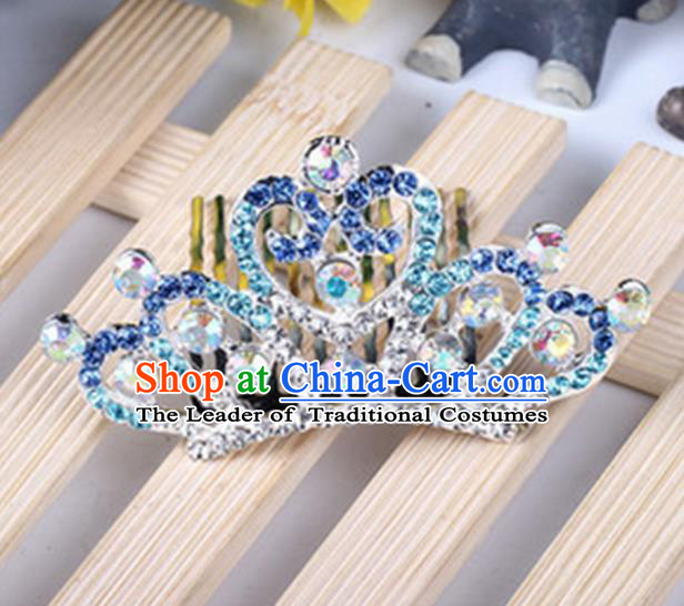 Top Grade Handmade Classical Hair Accessories, Children Baroque Style Blue Crystal Princess Royal Crown Hair Comb Jewellery for Kids Girls