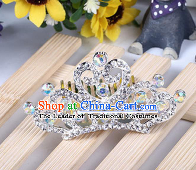 Top Grade Handmade Classical Hair Accessories, Children Baroque Style White Crystal Princess Royal Crown Hair Comb Jewellery for Kids Girls