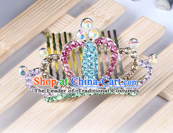 Top Grade Handmade Classical Hair Accessories, Children Baroque Style Colorized Crystal Baby Princess Little Alloy Royal Crown Twist Inserted Comb Hair Comb Jewellery for Kids Girls